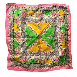 Vintage Ballerina Novelty Print Square Scarf Pink Green Yellow Floral Lace Trim